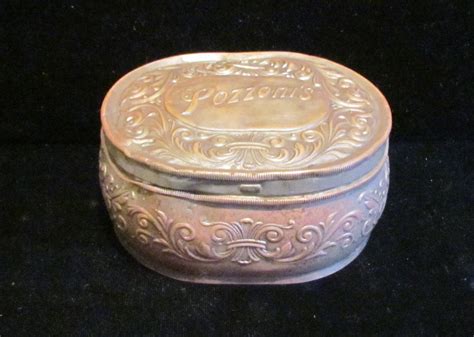 vintage metal powder box with blue design|antique powder boxes.